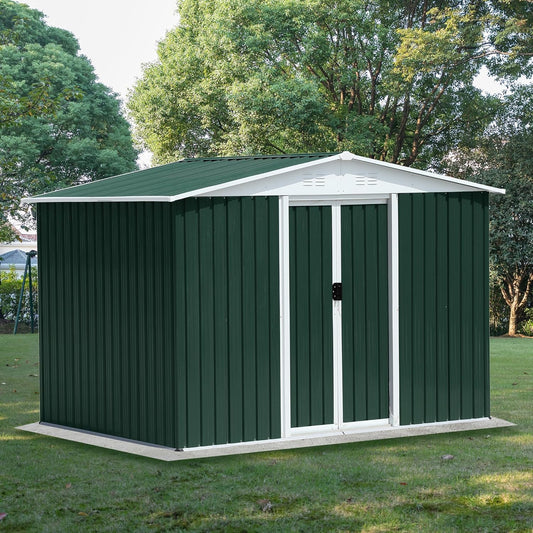 6x8 FT Outdoor Storage Shed, Metal Garden Shed with Lockable Sliding Doors, Outside Tool Shed with Sloped Roof & 4 Air Vents, Waterproof Storage Building for Backyard, Patio, Lawn, Green