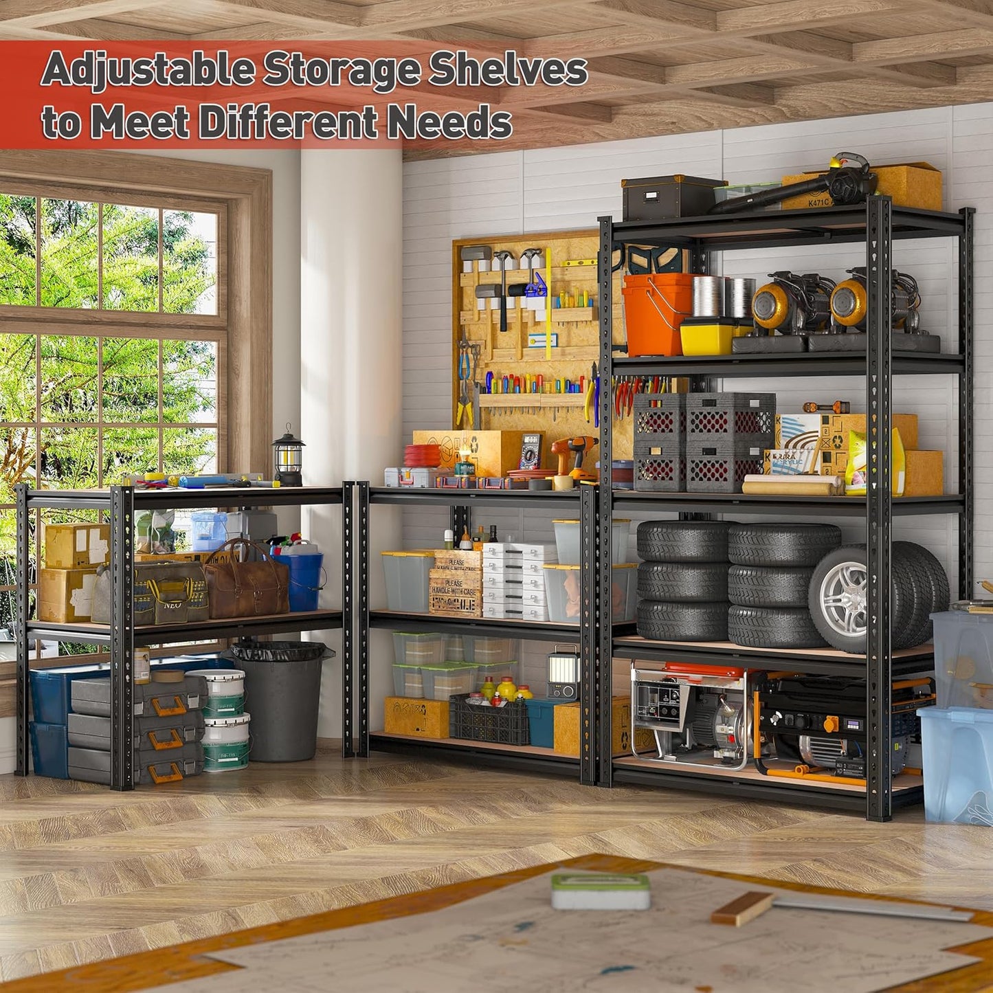 REIBII 2020LBS Storage Shelves 5 Tier Garage Shelving Heavy Duty, Adjustable Metal Shelving Unit, Garage Shelves for Basement, Warehouse, Pantry, 72" H x 35.55" W x 16" D, Black