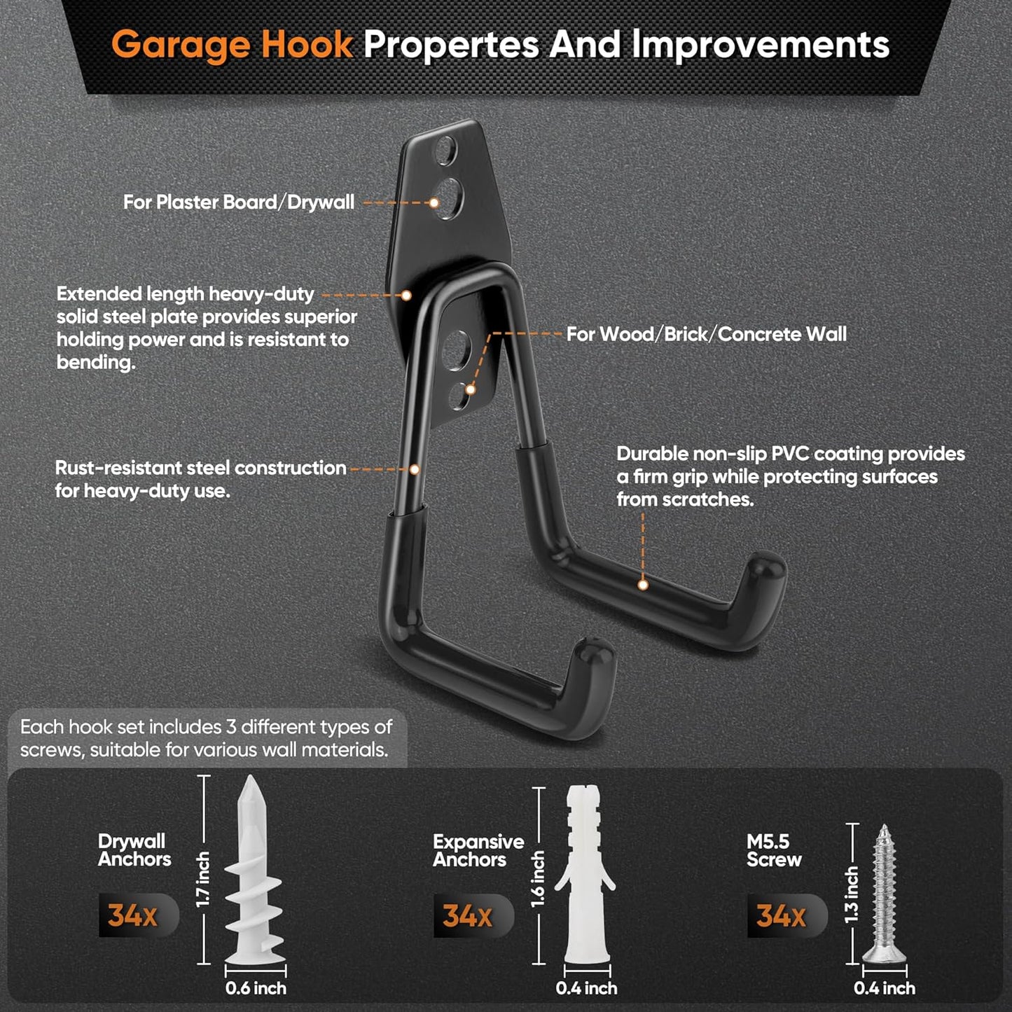 Nacial 18 Pack Garage Hooks Heavy Duty, Utility Steel Garage Storage Hook with 2 Storage Straps, Utility Garage Wall Mount Hooks for Hanging Bike, Ladder and Garden Tools, Perfect for Father Day Gifts