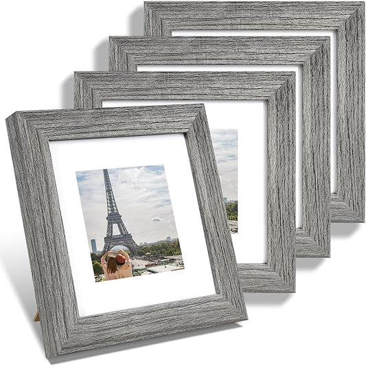 6x6 Picture Frame Set of 4, Made of Glass and Grey Wooden Frame - Display Picture 4x4 with Mat or 6 x 6 Without Mat, 6x6 Photo for Wall or Tabletop