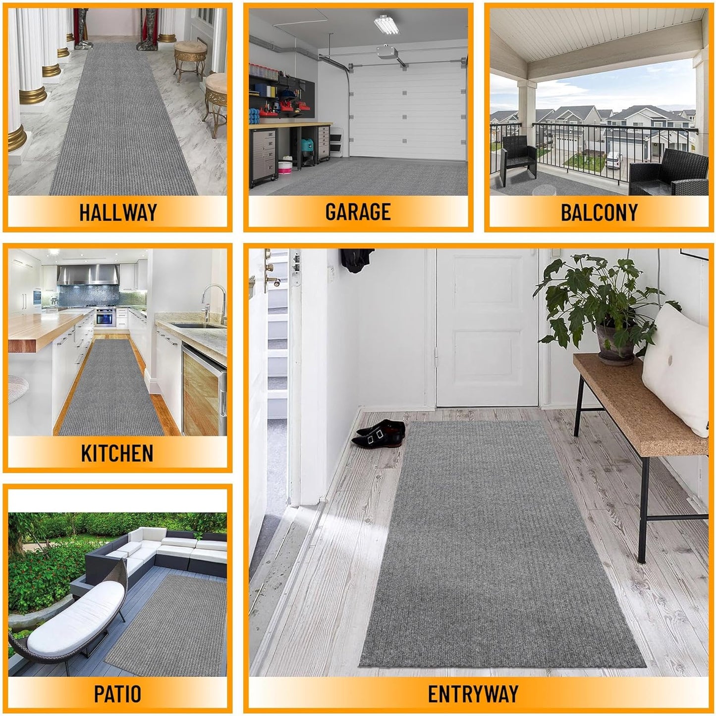 Ottomanson 2' x 30' Hallway Runner with Scraper Pile Extra Durable Non-Slip Rug Mat for Indoor & Outdoor Use - Ideal for Kitchen, Entryway, Patio & Garage - High-Traffic Carpet, Gray