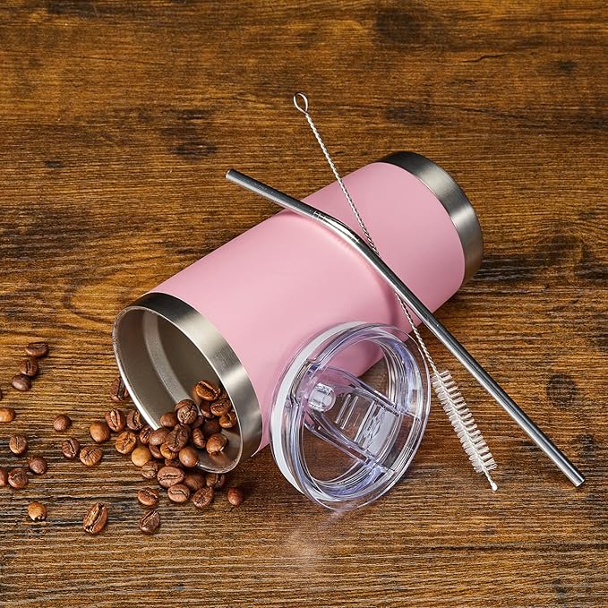 COMOOO 20oz Tumbler Bulk Double Wall Vacuum Insulated Travel Mug, Stainless Steel Tumbler with Lid and Straw Durable Powder Coated Insulated Coffee Cup for Cold & Hot Drinks (pink, 4 pack