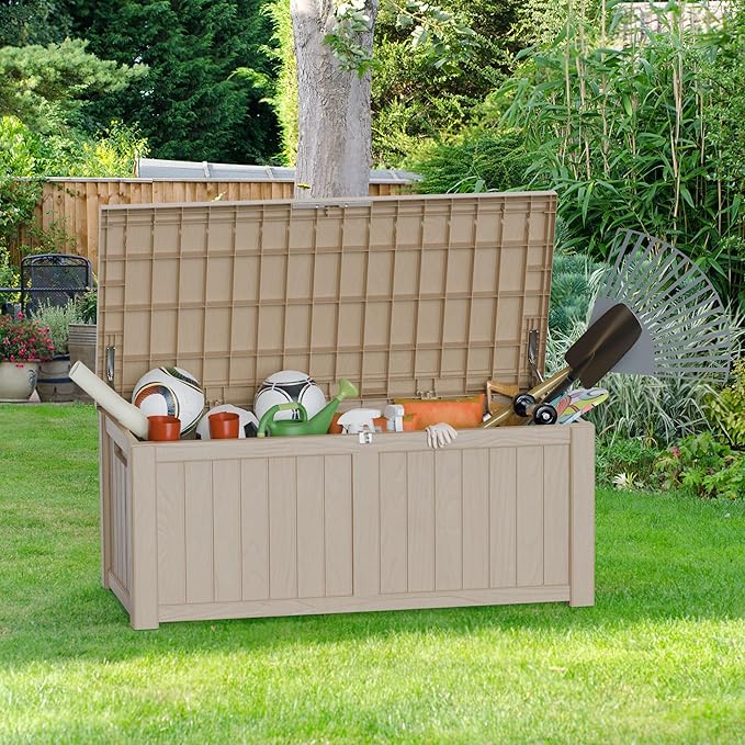 150GAL Brown Large - Capacity Outdoor Deck Box with Lock Hole – Waterproof, SGS - Certified UV Resistance, Ideal for Storing Patio Furniture Sets & Seasonal Decor, Hassle - Free Setup