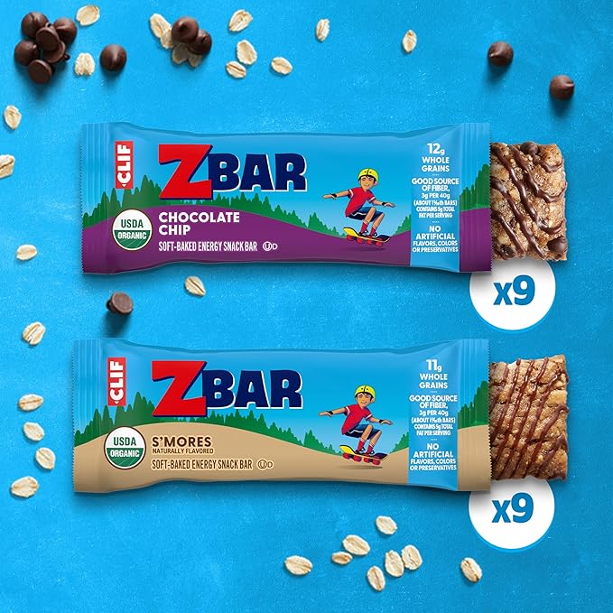 Zbar - Chocolate Chip and S'mores - Variety Pack - Soft Baked Snack Bars - Non-GMO - 11g Whole Grains - USDA Organic Granola Bars, School Snacks (18 Pack)