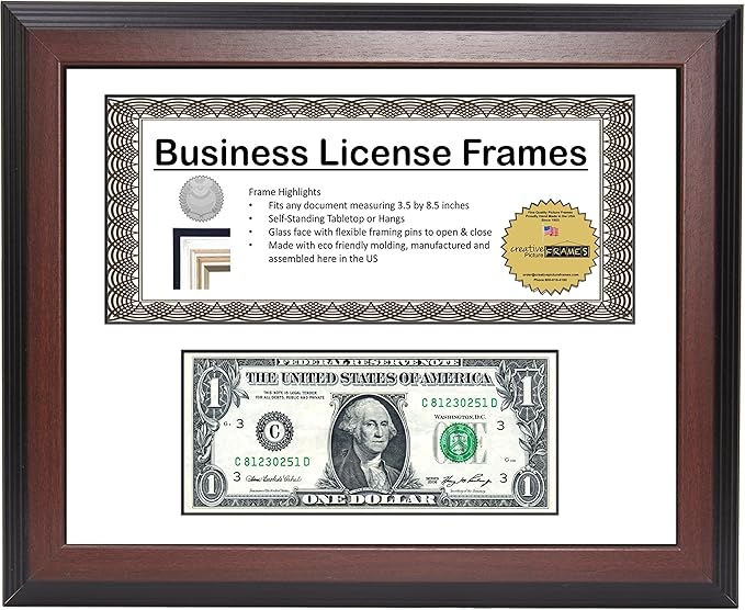 Creative Picture Frames 8.5” x 11” Mahogany First Dollar Frame with Business License, Mat Holds one 1st Dollar and one 3.5x8.75 License Including Self Standing Easel and Wall Hanger
