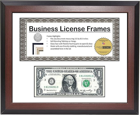 Creative Picture Frames 8.5” x 11” Mahogany First Dollar Frame with Business License, Mat Holds one 1st Dollar and one 3.5x8.75 License Including Self Standing Easel and Wall Hanger