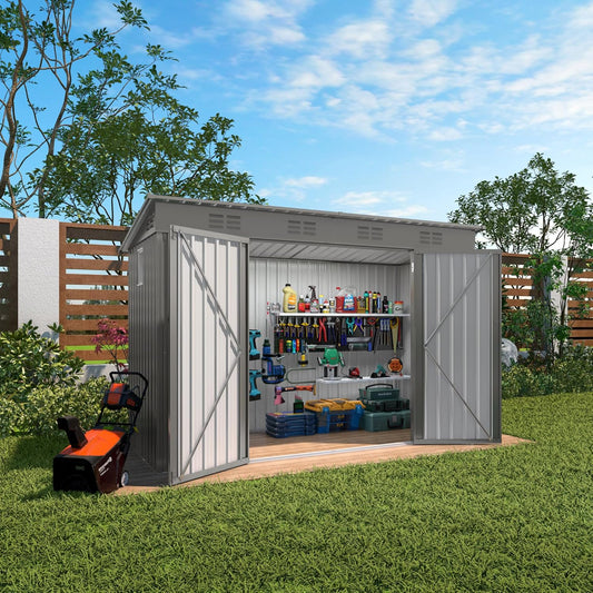 4 * 9.2 * 6 FT Outdoor Storage Shed, Galvanized Steel Garden Shed with Lockable Door & Window, Waterproof Metal Tool Storage for Garden, Backyard, Patio, Lawn(Gray)