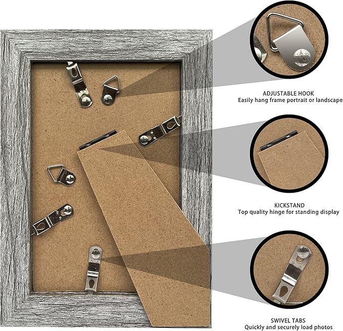 4x6 Picture Frame Set of 4, Made of Real Glass and Grey Wooden Frame, 4 by 6 Photo for Wall or Tabletop - Display Picture 3.5x5 with Mat or 4x6 Without Mat