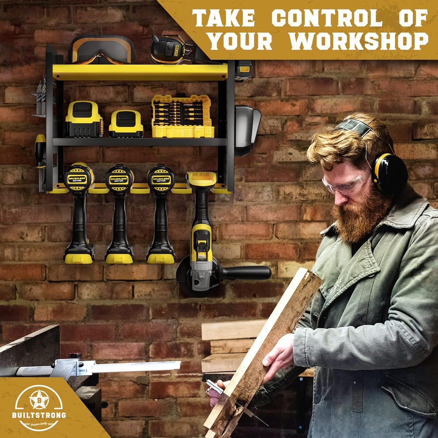 Power Tool Organizer Wall Mount - 3-Tier Heavy-Duty Metal Hand Tool Storage Rack, Utility Racks, Drill Holder, PegBoard Side, & More - Garage Storage Cordless Tool Organizer (Yellow)