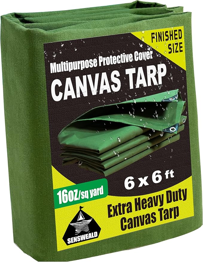 Heavy Duty Canvas Tarp 6x6 Feet 16oz Water-Resistant Canvas Cover with Grommets，Tear Resistant, Durable, Multipurpose Protective Green Tarp Cover for Camping, Tent, Car
