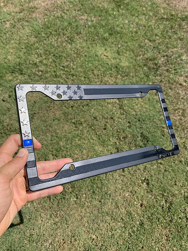 TACTILIAN American Flag License Plate Frame - Subdued 3D Embossed USA Flag in Black Gloss on Matte Finish for Car, Truck or SUV (Thin Blue Line)