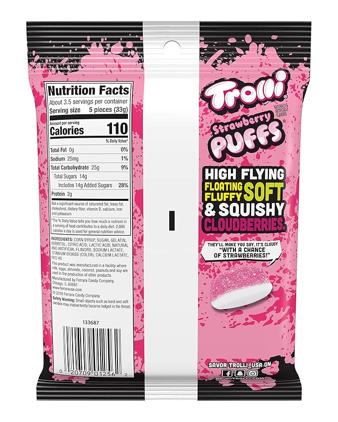 Trolli Strawberry Puffs, Sour Gummy Worms Candy, 4.25 Ounce Bags (Pack of 12)