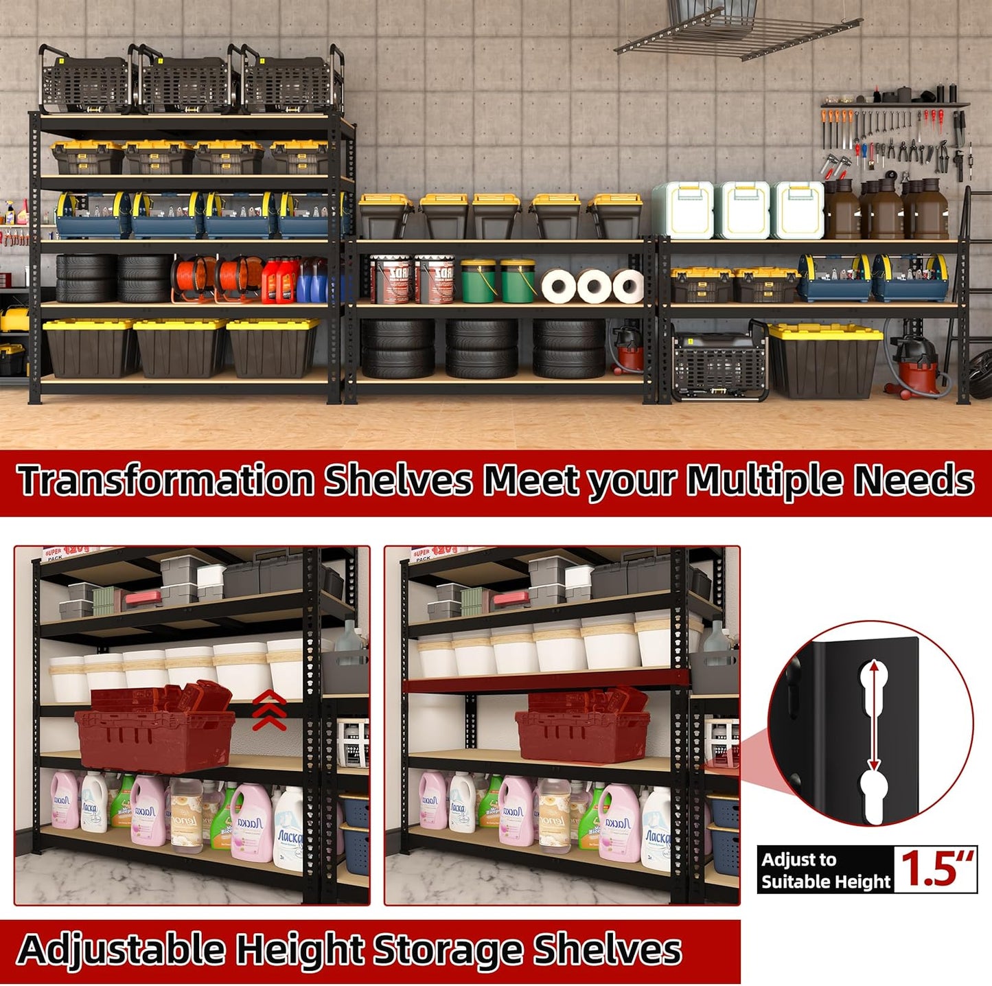 2 Packs 48" W x 24" D x 72" H Adjustable Garage Storage Shelves - 5-Shelf Heavy Duty Shelving Unit, Metal Utility Storage Organizer Racks for Warehouse Pantry Closet Kitchen, Black
