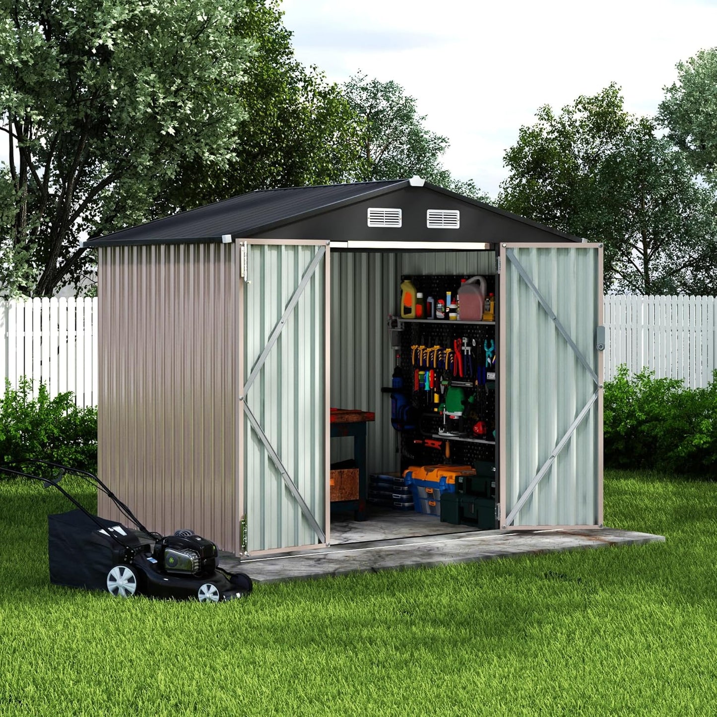 6x8x6.4 FT Outdoor Storage Sheds, Metal Garden Tool Shed for Backyard, Large Metal Sheds Outdoor Storage with Lockable Doors & Air Vents for Backyard Garden Patio Lawn