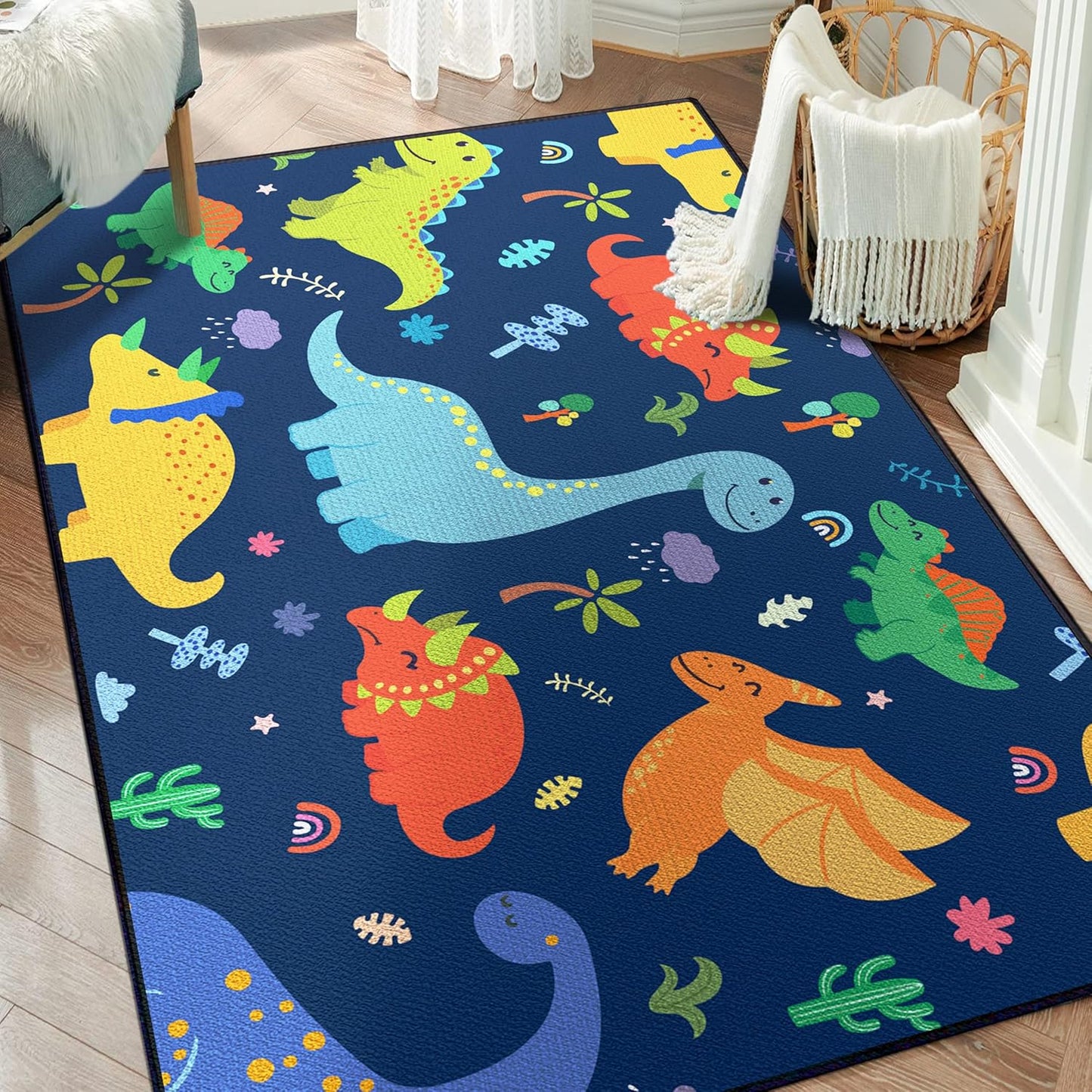 Cute Cartoon Dinosaur Rug for Boys Bedroom 59"x39" Bedroom Playroom Decor for Kids Lovely Dinosaur Animal Pattern Carpet Blue Rug Non-Slip Washable