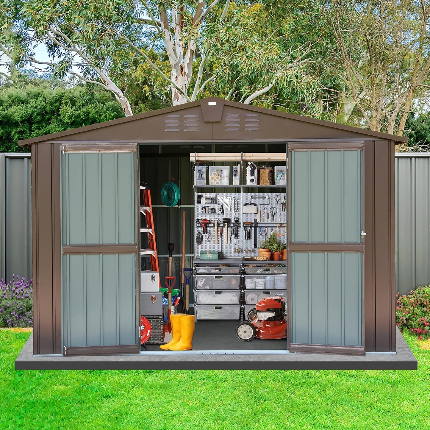 Domi Outdoor 10' x 8' Storage Shed, Metal Steel Utility Tool Shed Storage House with Double Lockable Doors & Air Vents for Backyard Patio Garden Lawn Brown