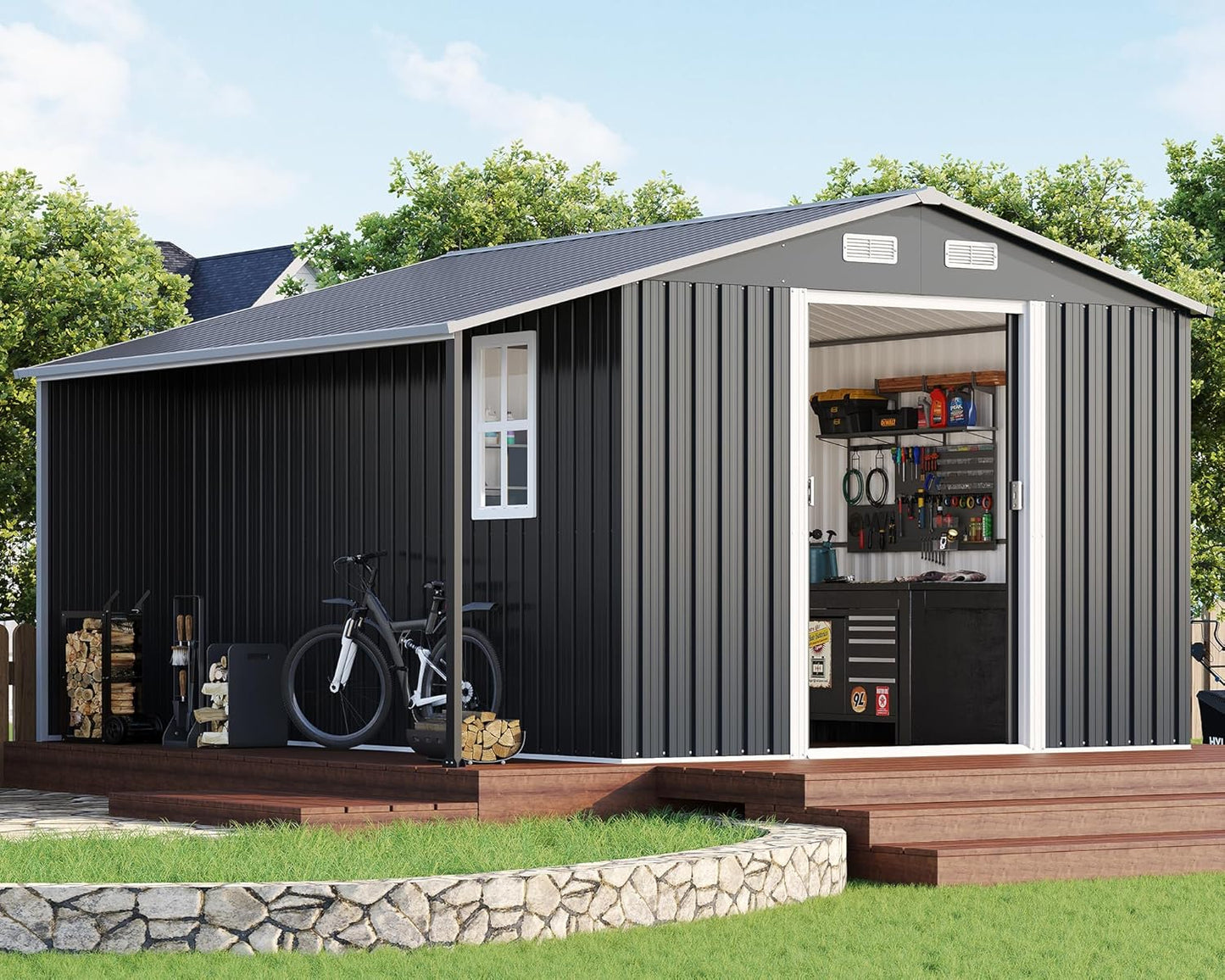 Jocisland 10.6x10.3x6.3 FT Galvanized Metal Storage Shed with Open Firewood Bay, Sliding Doors & Ramp, 2 Windows & Vents, Weather-Resistant Outdoor Tool/Garden Shed, Dark Grey/White