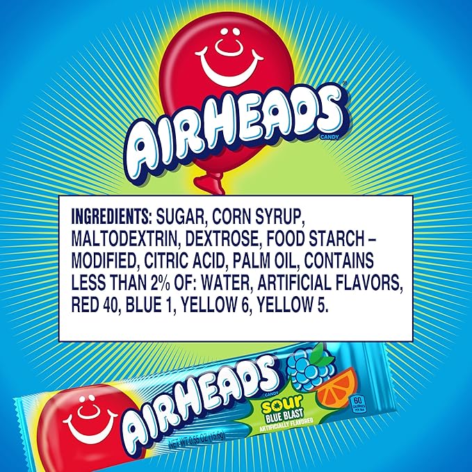 Airheads Sour Mini Halloween Trick or Treat Taffy Candy Bars, Blue Blast Flavored, Individually Wrapped Candy for Adults & Kids, Treat Bags & Party Favors, 36 Bars