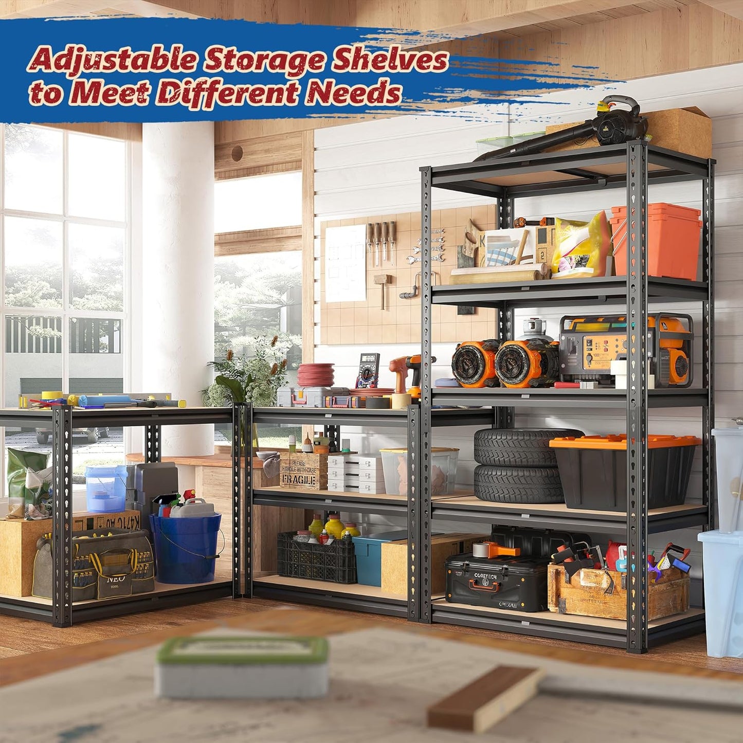 REIBII Storage Shelves 1600LBS Garage Shelving Heavy Duty Metal Shelving 5 Tier Garage Shelves Adjustable Metal Shelf for Kitchen Basement Pantry Warehouse 28.2" W x 11.8" D x 59.9" H