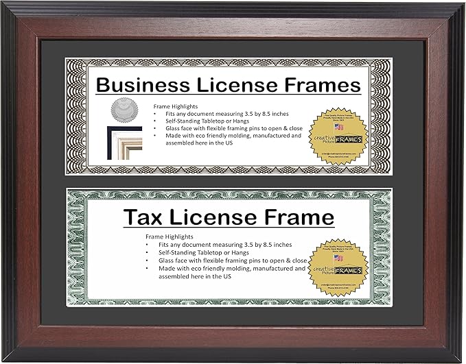 Creative Picture Frames Dl8.5X11Mh-B Mahogany Finish Double Business License Frame With Two 3X8.5-Inch Opening Mat Including Easel Stand And Wall Hangers