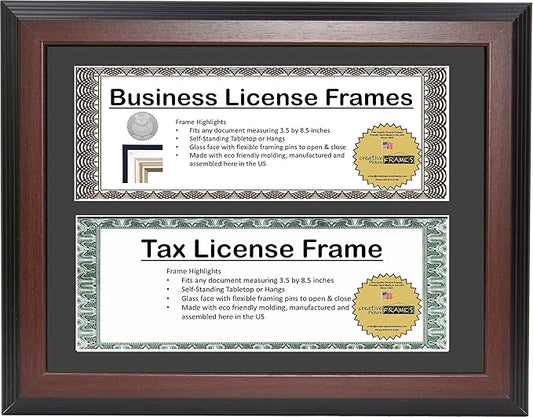 Creative Picture Frames Dl8.5X11Mh-B Mahogany Finish Double Business License Frame With Two 3X8.5-Inch Opening Mat Including Easel Stand And Wall Hangers