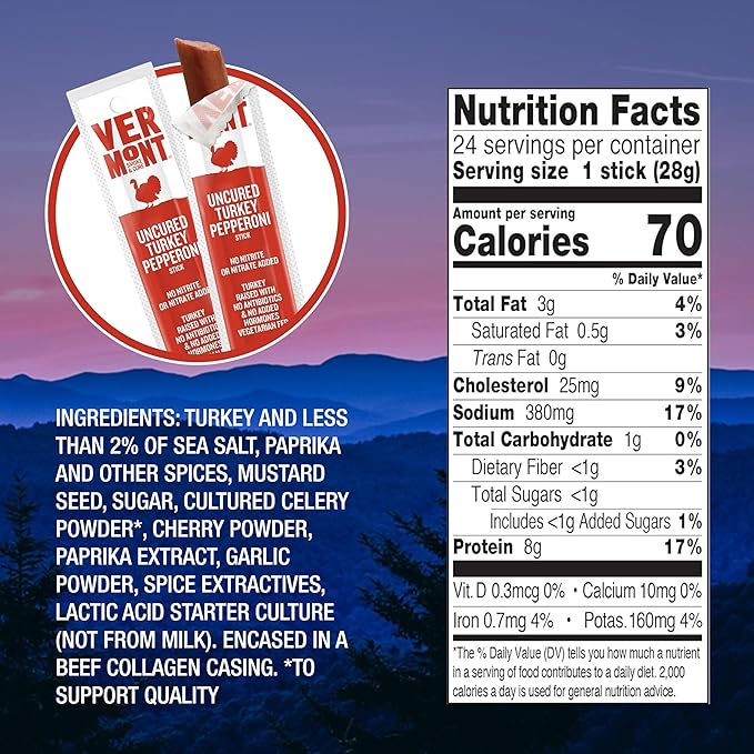 Vermont Smoke & Cure - Turkey Uncured Pepperoni Meat Sticks - Protein Snacks - On the Go Healthier Snack for Adults & Kids - 24 Count