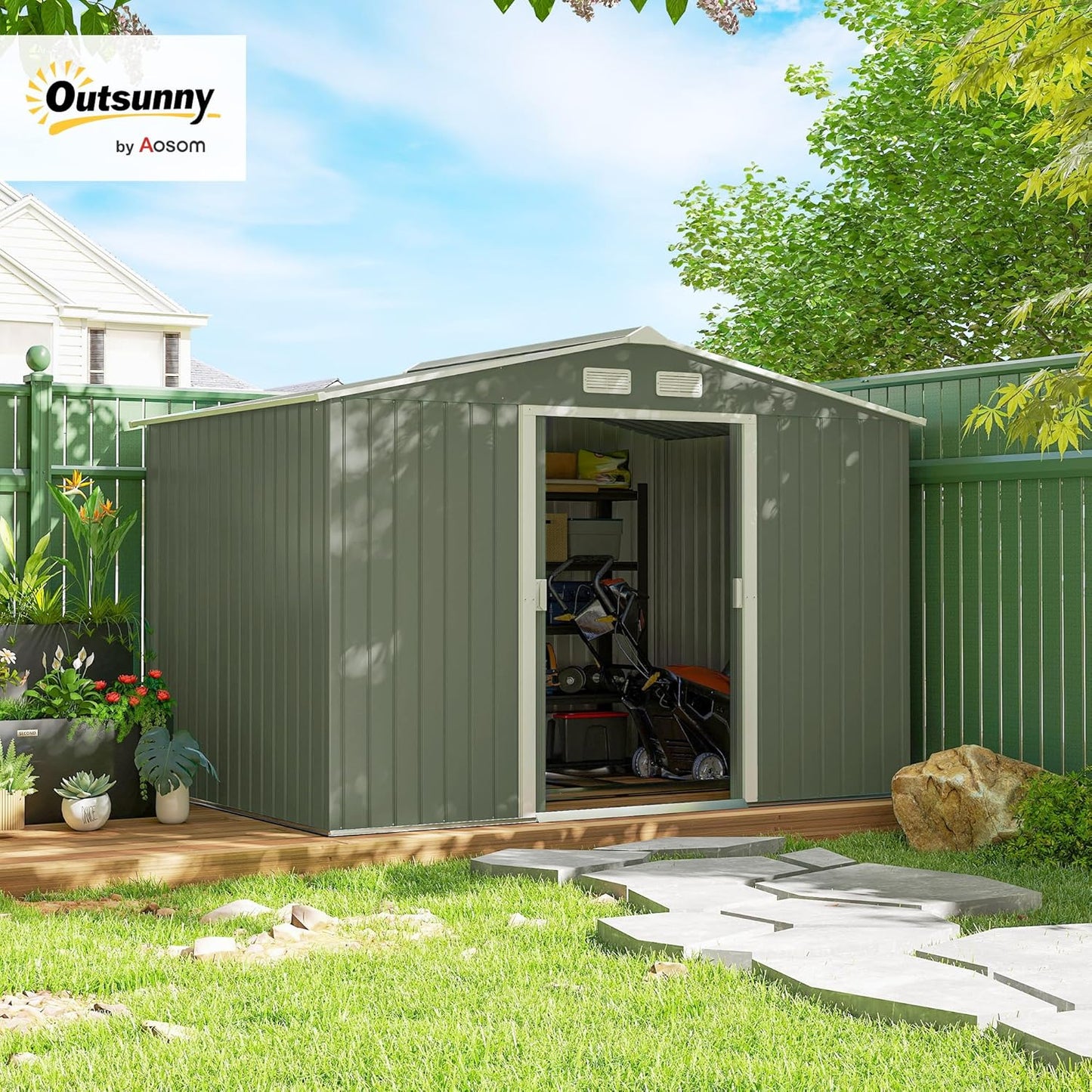 Outsunny 9' x 6' Outdoor Storage Shed, Garden Tool Metal Shed with Foundation Kit, Double Lockable Door, Air Vents and Sloping Roof, for Backyard, Patio, Lawn, Green
