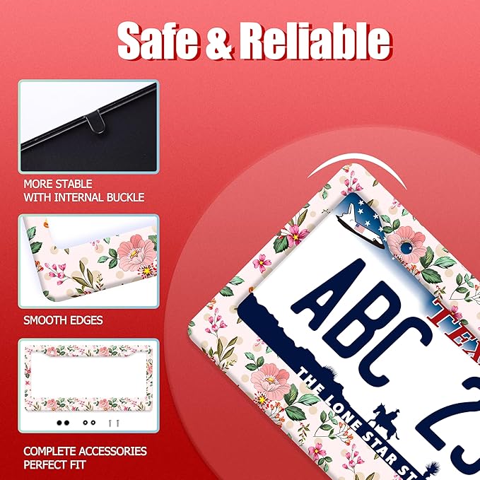 Bright Pink Flowers License Plate Frame Colorful Floral License Plate Frames Funny Auto Accessory Bracket Stainless Steel Cute License Plate for Women 6.3 x 12.3 Inch