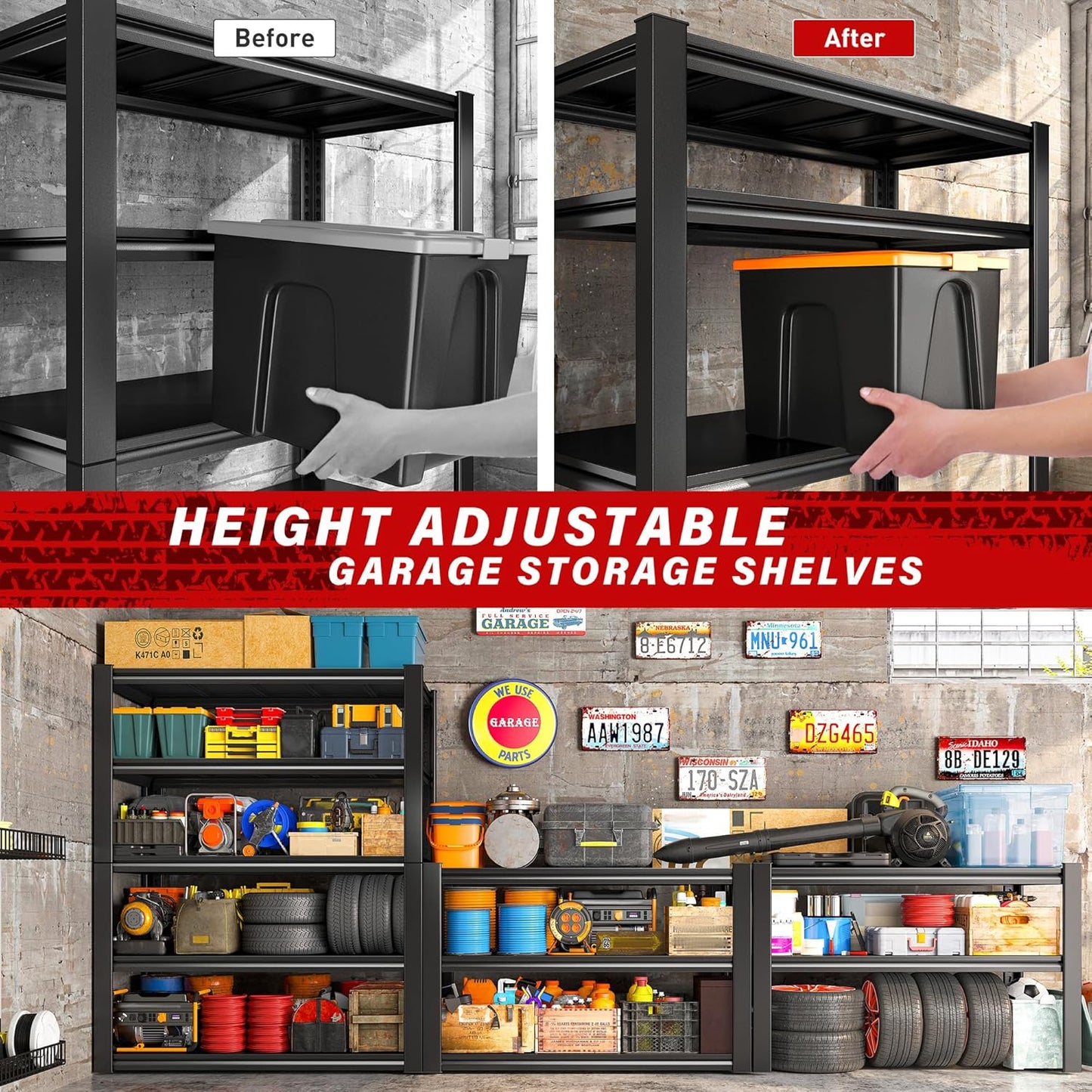 REIBII 40" W Garage Shelving, Heavy Duty Storage Shelves Load 2500LBS, 5-Tier Adjustable Metal Shelving, Garage Shelves for Warehouse, Pantry, Basement, 72" H x 40" W x 18" D, 2Pack