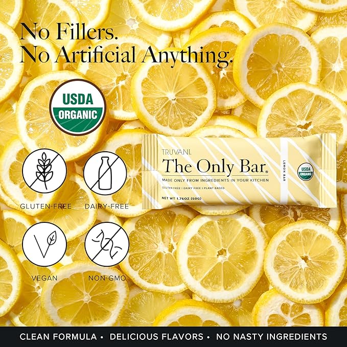Truvani Plant Based Snack Bars | Lemon Bar 1 Pack | 6g Protein | USDA Organic and Vegan | The Only Bar | Dairy, Soy, and Gluten Free | Individually Wrapped