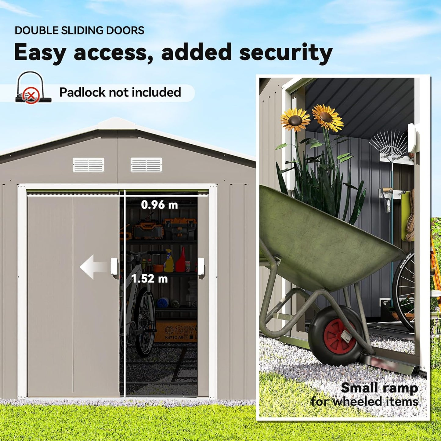 Outsunny 11' x 13' Outdoor Storage Shed, Garden Tool Metal Shed with Foundation Kit, Double Lockable Door, Air Vents and Sloping Roof, for Backyard, Patio, Lawn, Light Gray