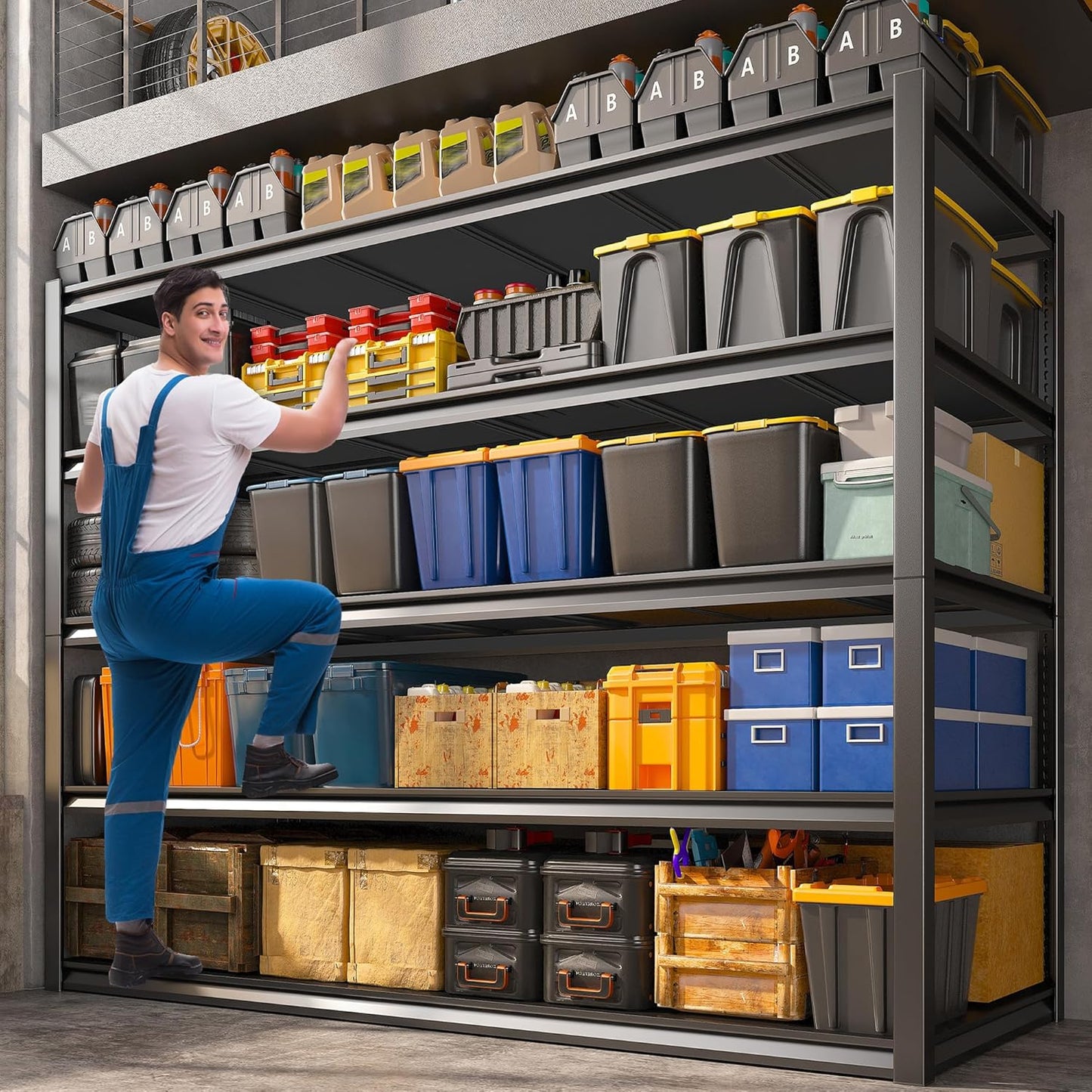 REIBII 48.2" W Garage Shelving Heavy Duty Metal Shelving 3000LBS Storage Shelves Adjustable Metal Shelf Industrial Pantry Shelves for Basement Garage Warehouse 72.2" H x 24.2" D x 48.2" W