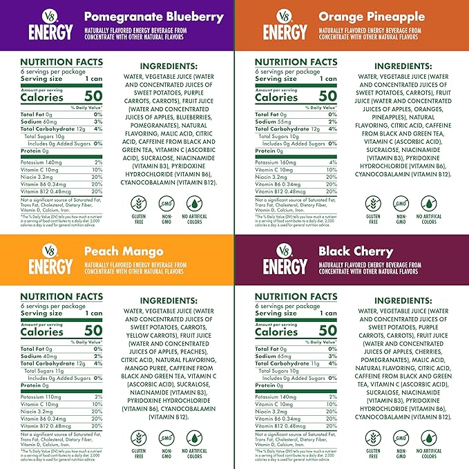 V8 +Energy Peach Mango, Orange Pineapple, Black Cherry and Pomegranate Blueberry Juice Energy Drinks, 8 fl oz Can (24 Pack)