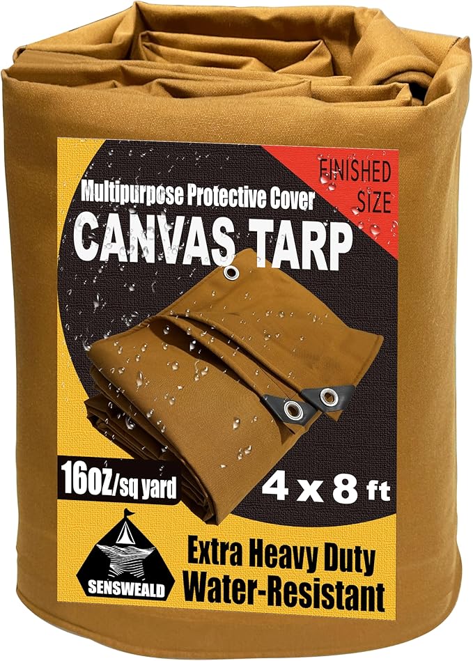 Heavy Duty Canvas Tarp 4x8 Feet 16oz Water-Resistant Canvas with Grommets，Tear Resistant, Durable, Multipurpose Protective Tan Tarp Cover for Camping, Tent, Car