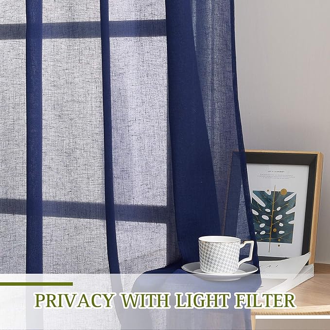 NICETOWN Dark Blue Flax Sheer Linen Curtains for Windows, Grommet Top 45" Length Natural Linen Blend Sheer Drapes Semitransparent Privacy Panels for Farmhouse/Bedroom, 52" Wide, Set of 2