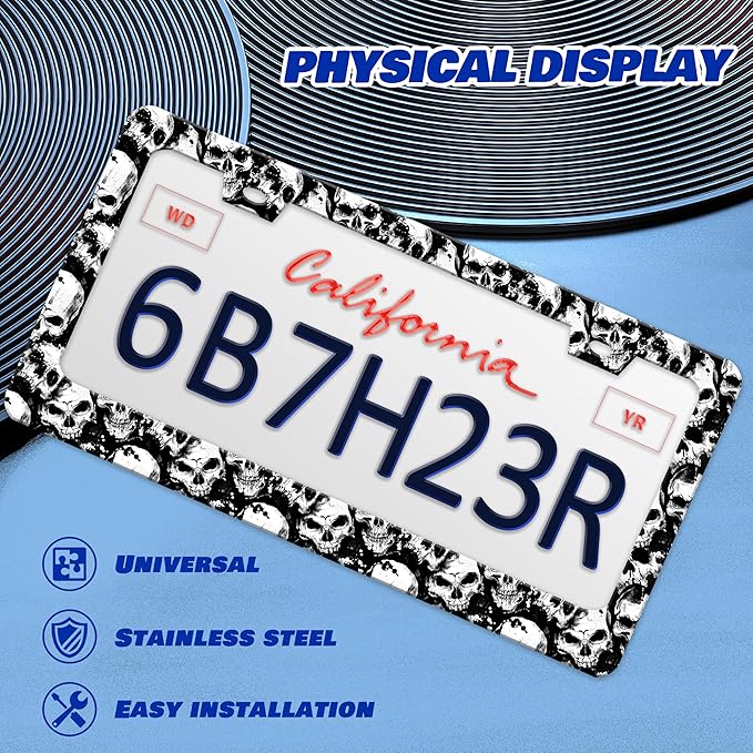 2 Pcs Skull License Plate Frame Skeleton License Plate Holder Personalise Stainless Steel Funny Design Compatible with Standard License Plate Frames for USA and Canada 6 X 12 Inch 2 Holes with Screws