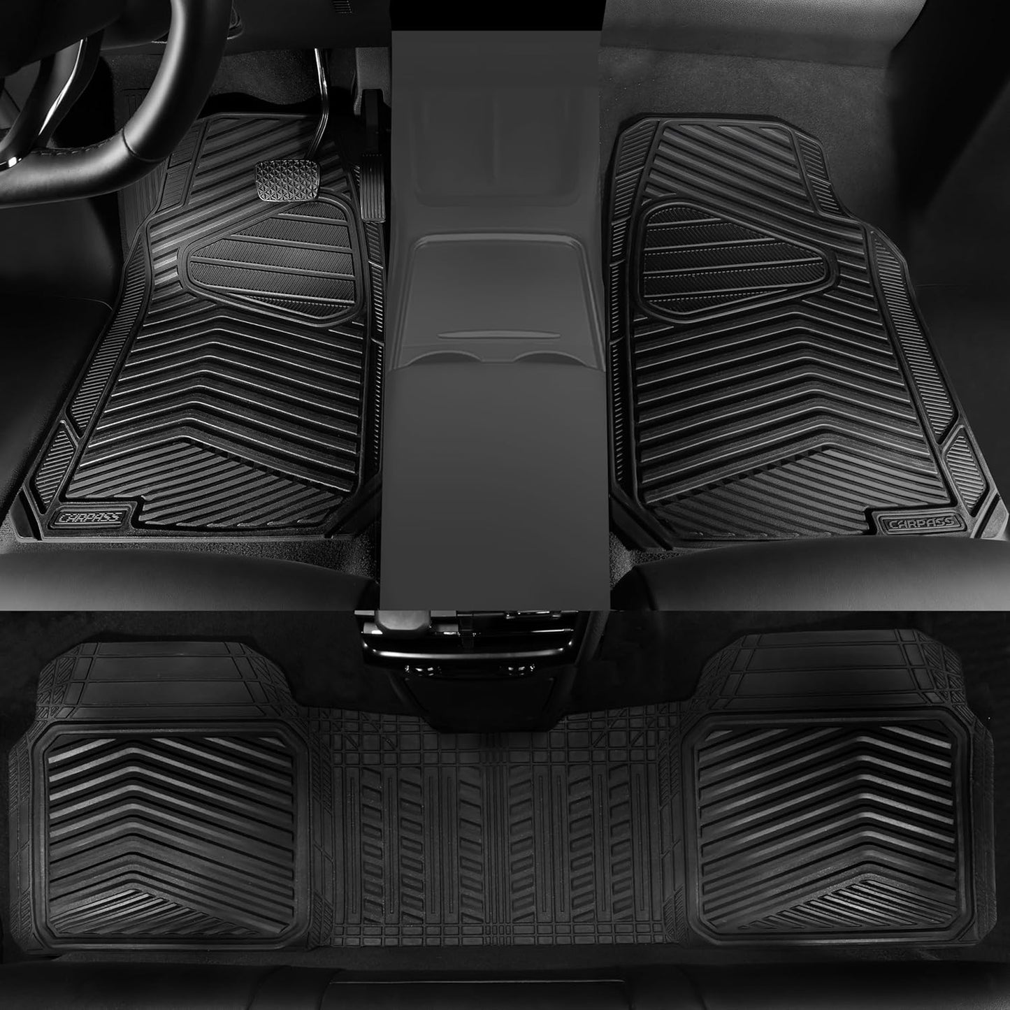 CAR PASS Rubber Car Mats,Car Floor Mats All Weather,Car Mat Full Set 3 Piece,Waterproof Automotive Floor Mat Trim to Fit for Cars Sedans SUVs Small Trucks,Heavy Duty Anti-Slip Easy Clean, All Black