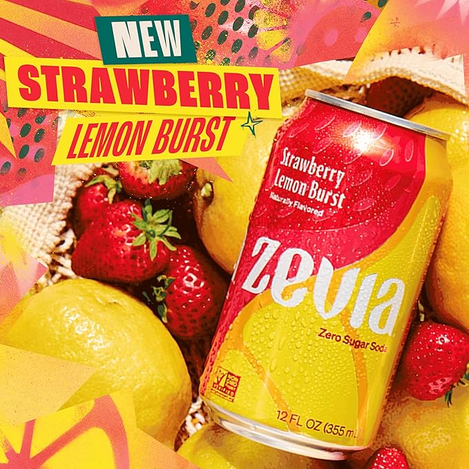 Zevia Zero Sugar Soda, Strawberry Lemon Burst, 12 oz Cans (24-Pack) – Naturally Sweetened, Zero Calorie Sugar Free Soda - Non-GMO Project Verified, Gluten-Free, Vegan