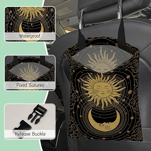 Mystical Sun Car Trash Bag,Golden Crescent Moon Hanging Drawstring Car Garbage Bag,Waterproof Canvas Car Back Seat Organizer with Adjustable Buckle,for Vehicles,SUVs,Camping,Road Trips