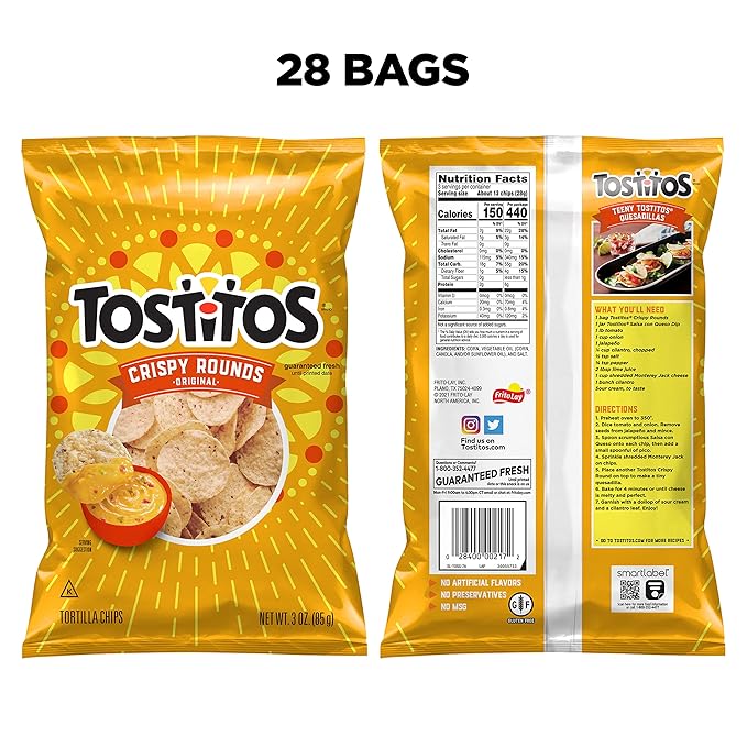 Tostitos, Crispy Rounds Tortilla Chips, 3 Ounce (Pack of 28)