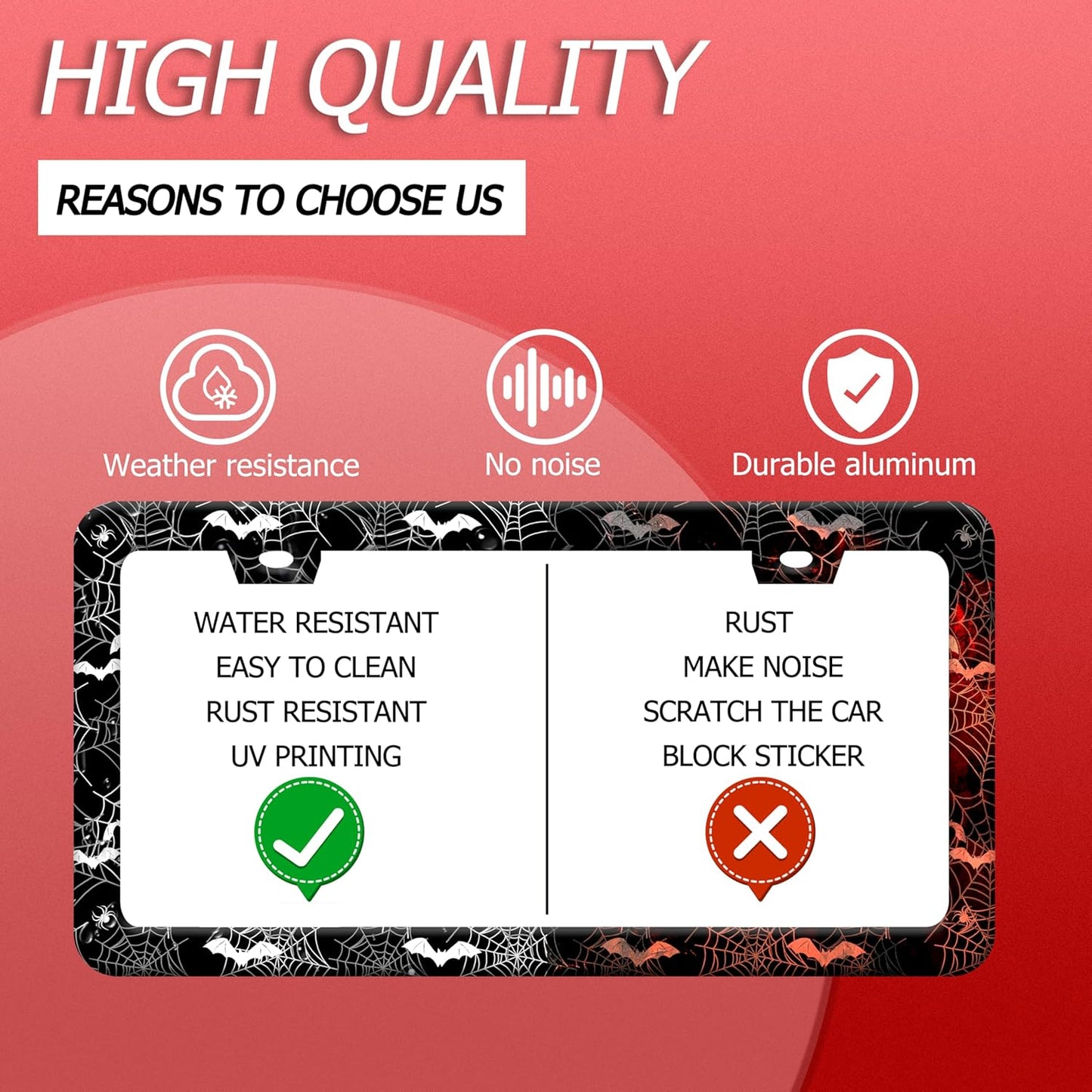 Bat Spider Web License Plate Frame Funny Gothic License Plate Frames Stainless Steel Accessories Cars Decor with 2 Holes and Screws Fits Standard Us Ca Vehicles License Plate Holder 12.2 X 6 Inch