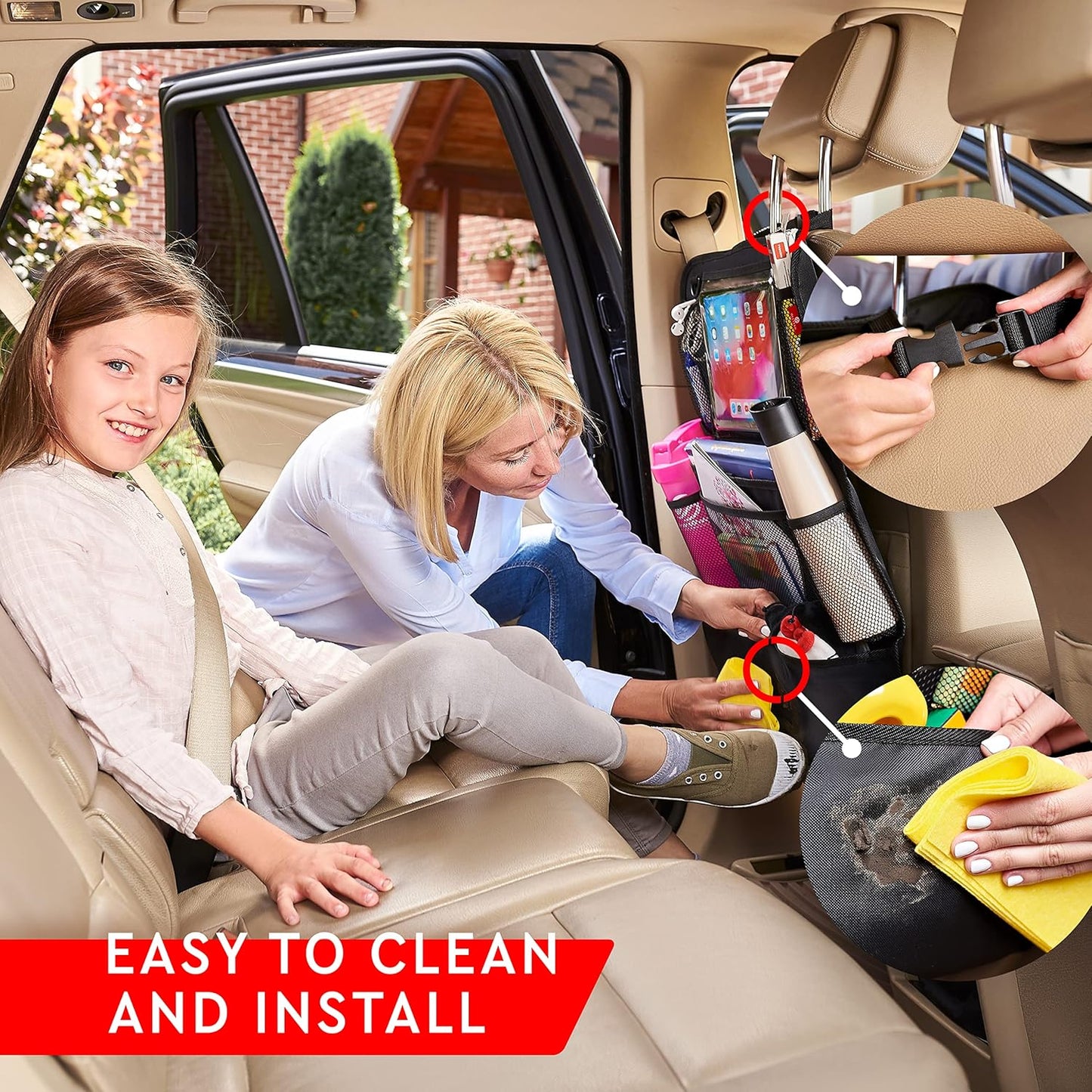 Helteko Backseat Car Organizer, Kick Mats Back Seat Protector with Touch Screen Tablet Holder, Back Seat Organizer for Kids with 9 Storage Pockets, Travel Accessories (2 Pack, Beige)