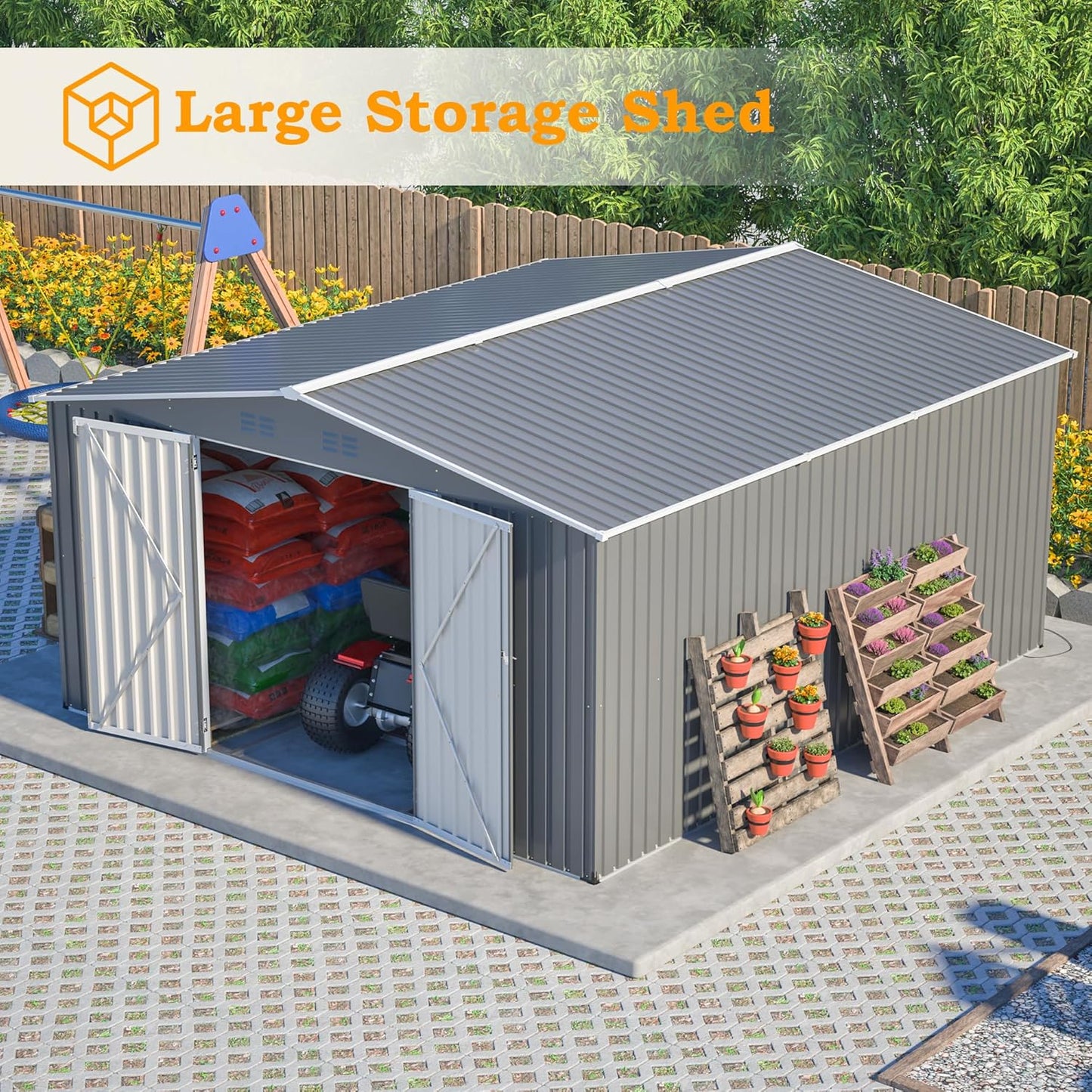 Outdoor Storage Shed, 12 X 14ft Metal Galvanized Steel Garden Shed with Floor Frame, Utility Tool Shed Storage House with Window for Backyard, Patio, Lawn