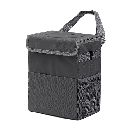 Car Garbage can with lid Leak Proof Vehicle Trash Can 3 Storage Pockets Hanging Waterproof car Trash Bag for SUV Grey