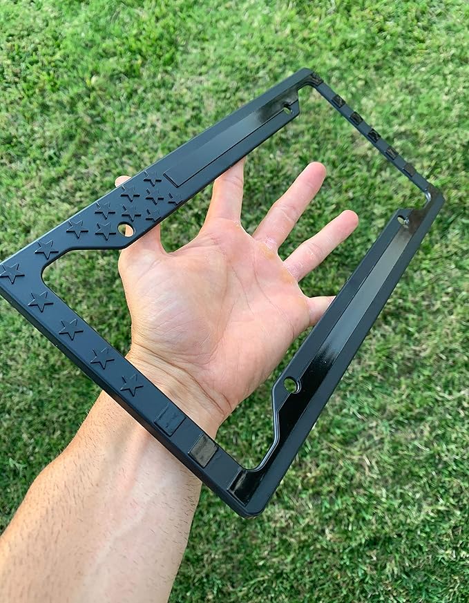 TACTILIAN American Flag License Plate Frame - Subdued 3D Embossed USA Flag in Black Gloss on Matte Finish for Car, Truck or SUV (Gloss on Matte Black)