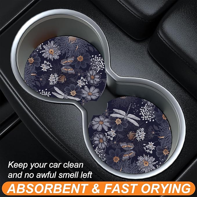 Vintage Wildflowers Insects Car Cup Holder Coaster,Car Coasters for Cup Holder,2 Pack Flowers Butterfly Dragonfly Anti-Slip Absorbent Ceramic Car Cup Coasters for Women Men with Cork Base 2.56"