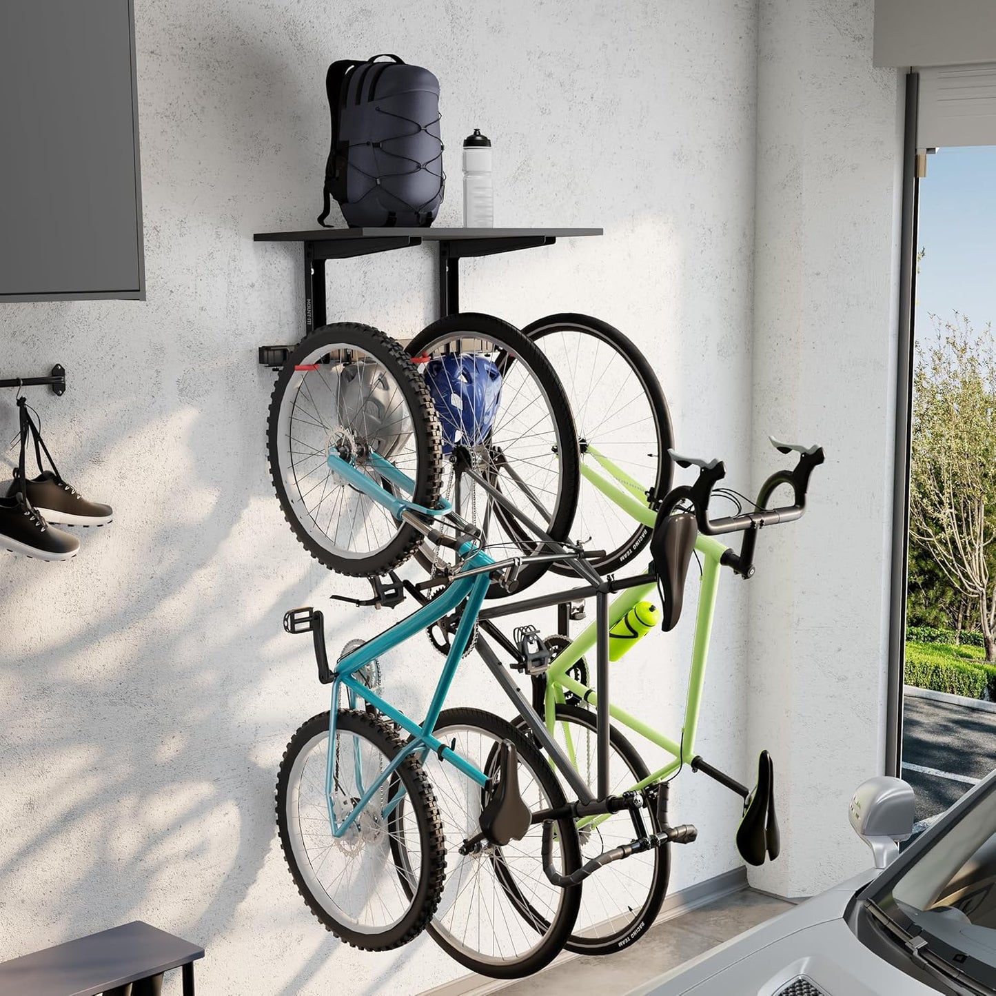 Mount-It! WheelsUp Bike Wall Mount with Shelf | Garage Storage Rack for 3 Bikes & Accessories | Adjustable Padded Hooks, 110 lb Shelf Capacity | Ideal Bike Rack Garage Wall Mount for Organized Spaces