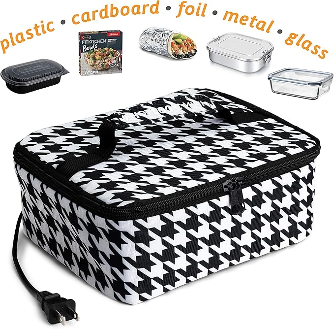 HOTLOGIC Mini Heated Lunch Box- Portable Electric Food Warmer for Men and Women - Great for Work, Office, and Construction - Cook, Reheat, and Eat on the Go - 120V - Houndstooth