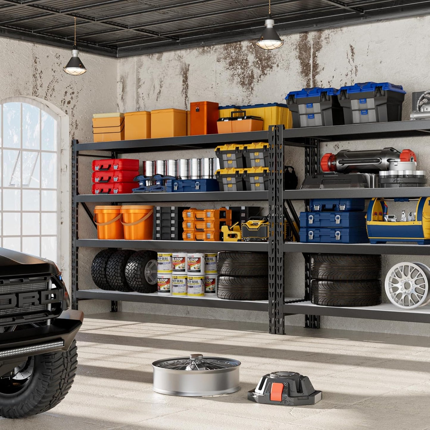 WORKPRO 77" Garage Shelving Unit, 8000LBS Heavy Duty Metal Storage Rack, Extra Wide Adjustable 4-Tier Shelves for Warehouse, Basement, and Garage, 77" W X 24" D X 72" H, Black