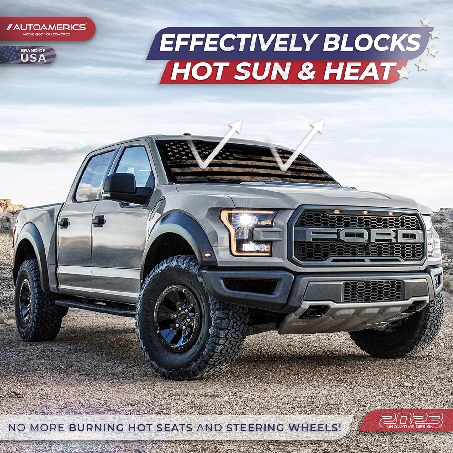 Autoamerics 1-Piece Windshield Sun Shade Brown Camo American Flag USA Design - Foldable Car Front Window Sunshade for Most Sedans SUV Truck - Blocks Max UV Rays and Keeps Your Vehicle Cool - Large